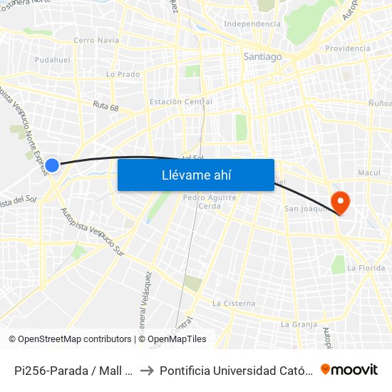 Pi256-Parada / Mall Arauco Maipú - Santa Elena to Pontificia Universidad Católica De Chile - Campus San Joaquín map