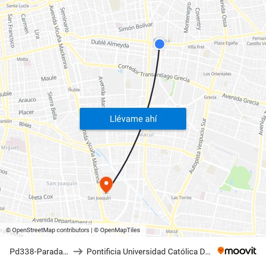 Pd338-Parada / Plaza Ñuñoa to Pontificia Universidad Católica De Chile - Campus San Joaquín map