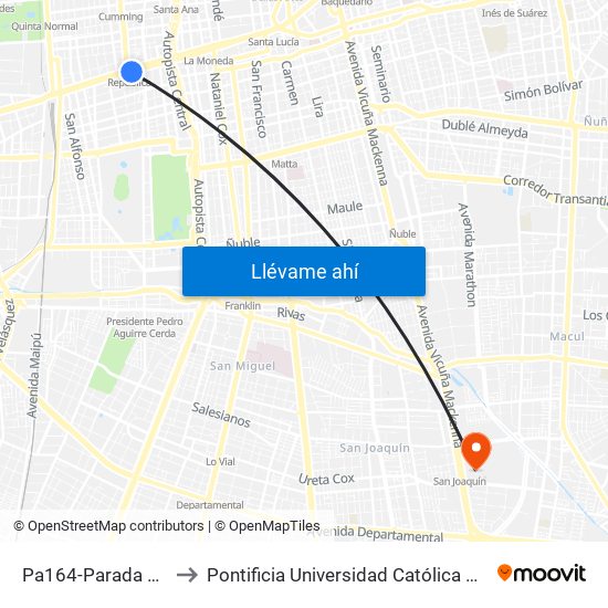 Pa164-Parada 2 / (M) República to Pontificia Universidad Católica De Chile - Campus San Joaquín map