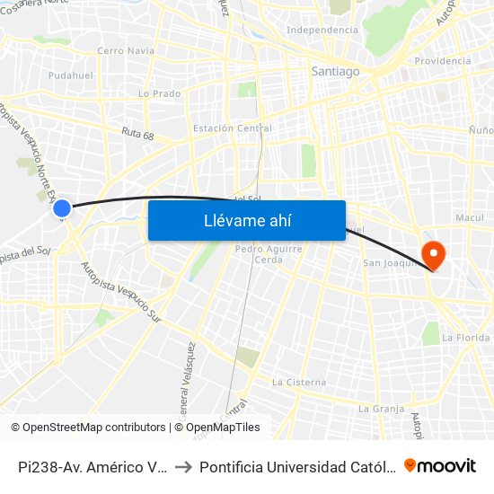 Pi238-Av. Américo Vespucio / Esq. Santa Elena to Pontificia Universidad Católica De Chile - Campus San Joaquín map