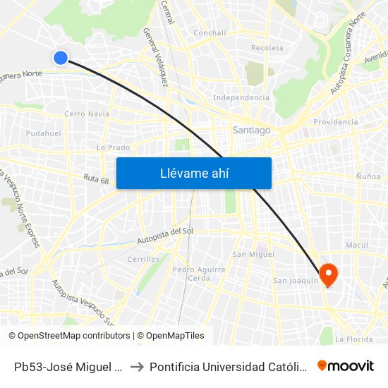 Pb53-José Miguel Infante / Esq. Poseidón to Pontificia Universidad Católica De Chile - Campus San Joaquín map