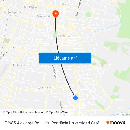 Pf685-Av. Jorge Ross Ossa / Esq. Coquimbo to Pontificia Universidad Católica De Chile - Campus San Joaquín map