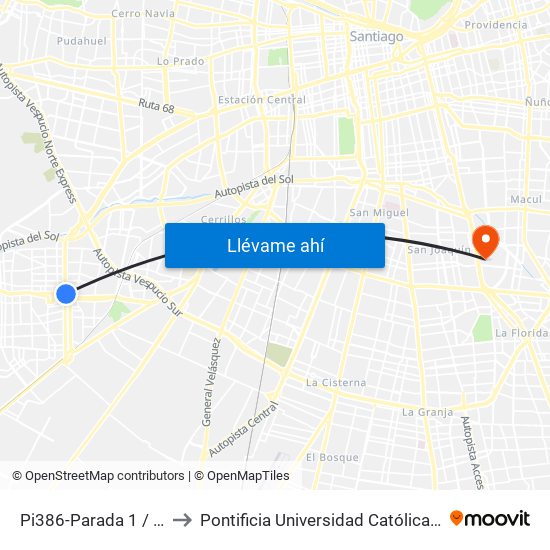 Pi386-Parada 1 / (M) Plaza De Maipú to Pontificia Universidad Católica De Chile - Campus San Joaquín map
