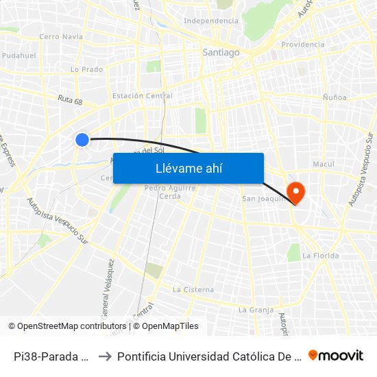 Pi38-Parada 1 / Liceo A70 to Pontificia Universidad Católica De Chile - Campus San Joaquín map