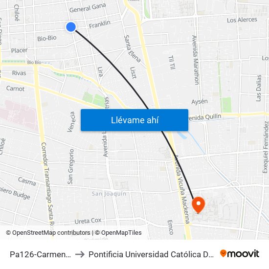 Pa126-Carmen / Esq. Franklin to Pontificia Universidad Católica De Chile - Campus San Joaquín map