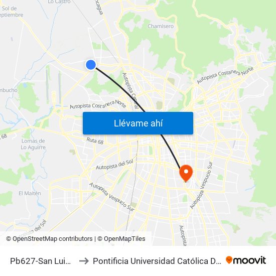 Pb627-San Luis / Esq. Toconce to Pontificia Universidad Católica De Chile - Campus San Joaquín map
