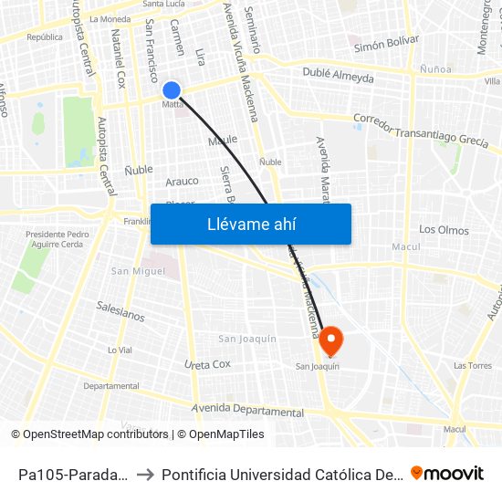 Pa105-Parada 1 / (M) Matta to Pontificia Universidad Católica De Chile - Campus San Joaquín map