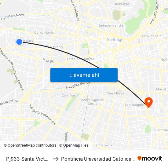 Pj933-Santa Victoria / Esq. Heráldica to Pontificia Universidad Católica De Chile - Campus San Joaquín map