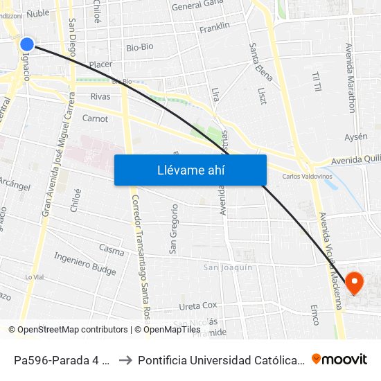 Pa596-Parada 4 / Centro De Justicia to Pontificia Universidad Católica De Chile - Campus San Joaquín map