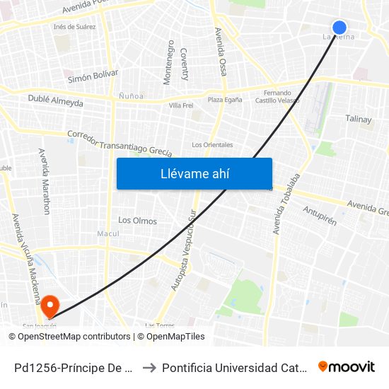 Pd1256-Príncipe De Gales / Esq. Carlos Ossandón to Pontificia Universidad Católica De Chile - Campus San Joaquín map