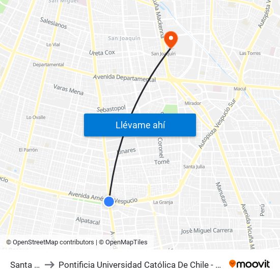 Santa Rosa to Pontificia Universidad Católica De Chile - Campus San Joaquín map