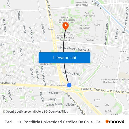 Pedrero to Pontificia Universidad Católica De Chile - Campus San Joaquín map