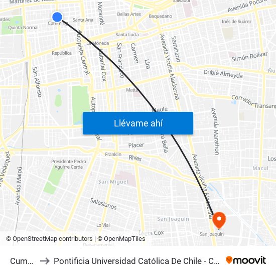 Cumming to Pontificia Universidad Católica De Chile - Campus San Joaquín map