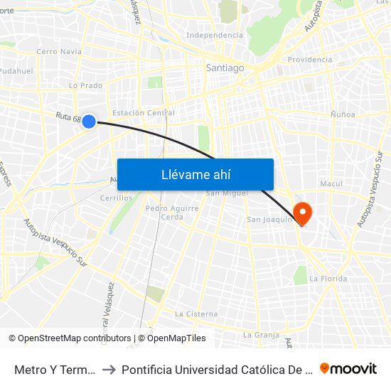 Metro Y Terminal Pajaritos to Pontificia Universidad Católica De Chile - Campus San Joaquín map