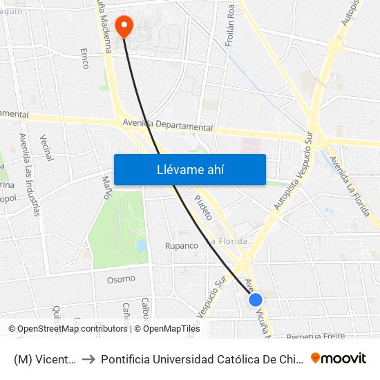 (M) Vicente Valdés to Pontificia Universidad Católica De Chile - Campus San Joaquín map