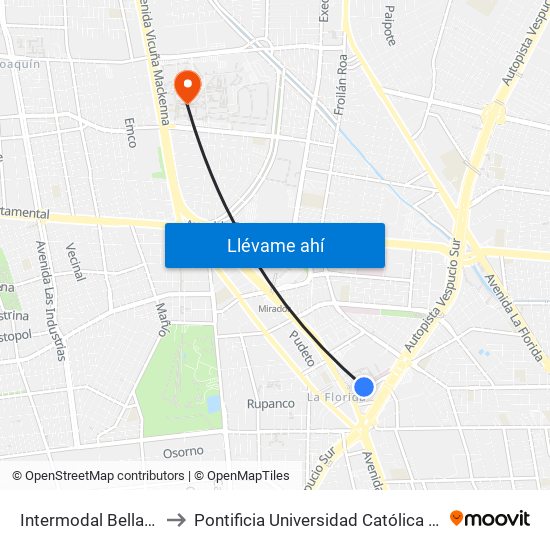 Intermodal Bellavista De La Florida to Pontificia Universidad Católica De Chile - Campus San Joaquín map