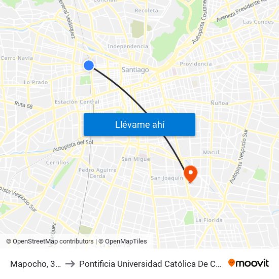Mapocho, 3410-3466 to Pontificia Universidad Católica De Chile - Campus San Joaquín map