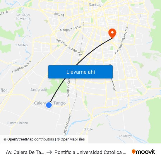 Av. Calera De Tango, Paradero 7 to Pontificia Universidad Católica De Chile - Campus San Joaquín map