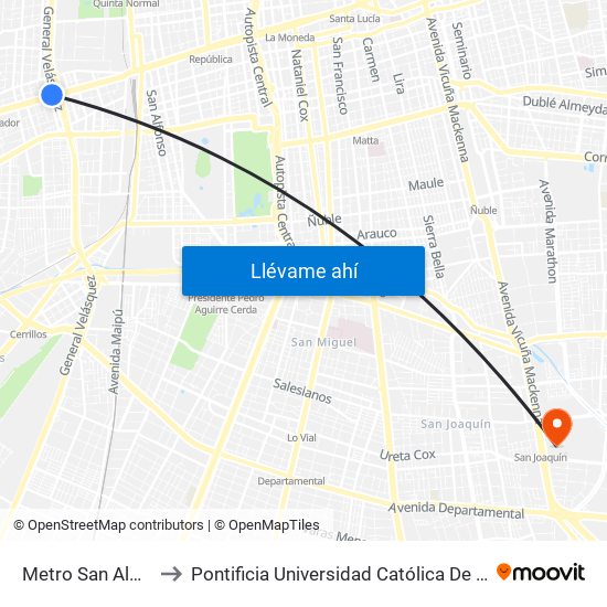 Metro San Alberto Hurtado to Pontificia Universidad Católica De Chile - Campus San Joaquín map