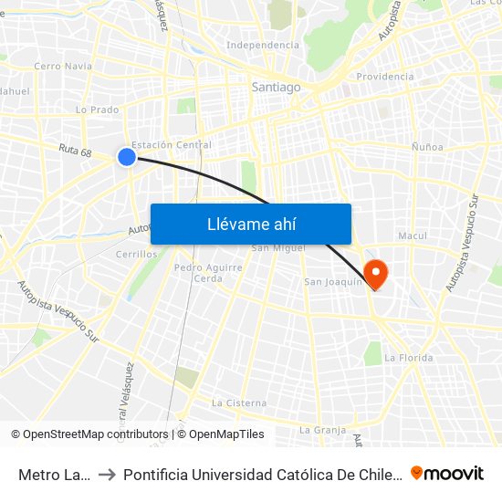Metro Las Rejas to Pontificia Universidad Católica De Chile - Campus San Joaquín map
