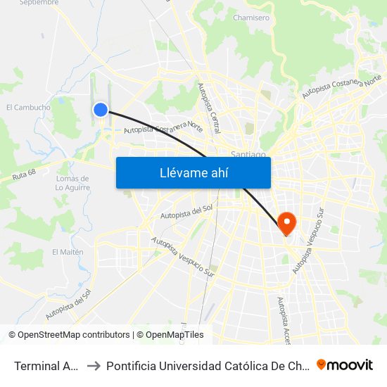 Terminal Aeropuerto to Pontificia Universidad Católica De Chile - Campus San Joaquín map