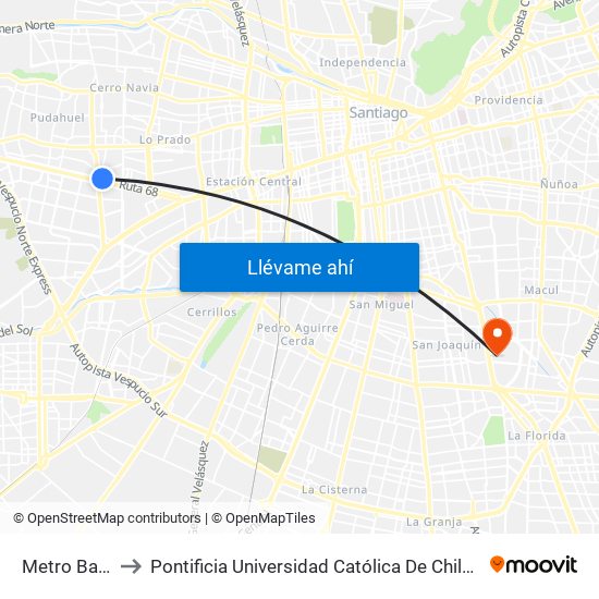 Metro Barrancas to Pontificia Universidad Católica De Chile - Campus San Joaquín map