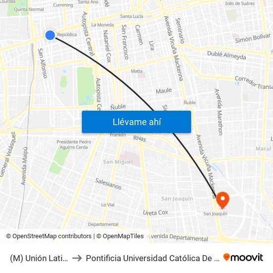 (M) Unión Latinoamericana to Pontificia Universidad Católica De Chile - Campus San Joaquín map