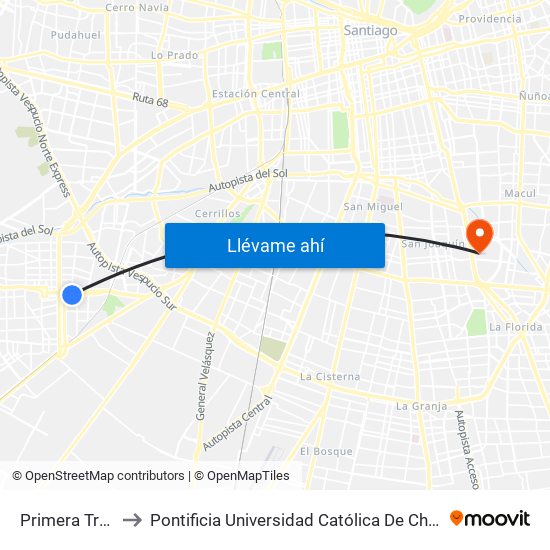 Primera Transversal to Pontificia Universidad Católica De Chile - Campus San Joaquín map
