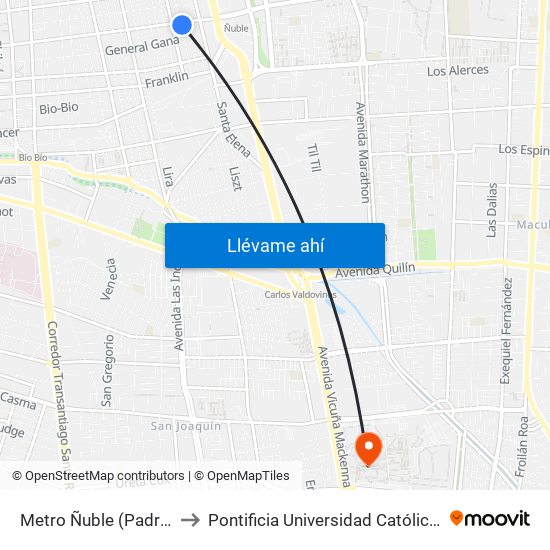 Metro Ñuble (Padre Orellana Esq. Ñuble) to Pontificia Universidad Católica De Chile - Campus San Joaquín map