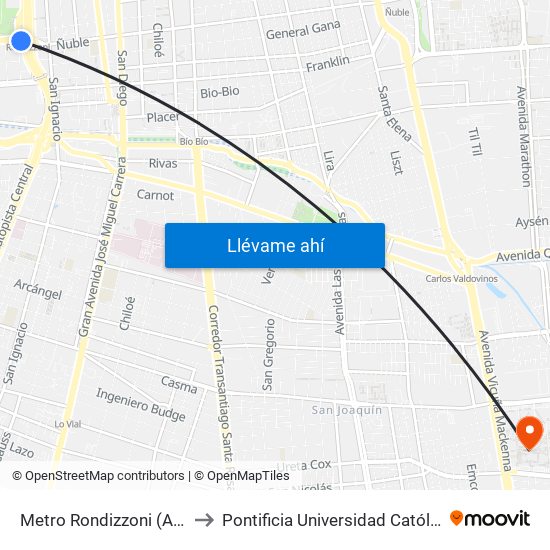Metro Rondizzoni (Av. Rondizzoni Esq. Fábrica) to Pontificia Universidad Católica De Chile - Campus San Joaquín map