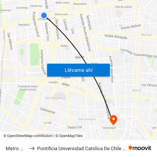 Metro Moneda to Pontificia Universidad Católica De Chile - Campus San Joaquín map