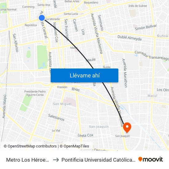 Metro Los Héroes (Plazoleta Central) to Pontificia Universidad Católica De Chile - Campus San Joaquín map