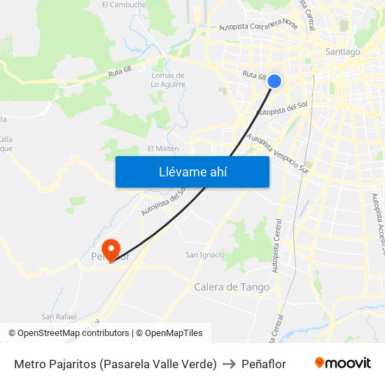 Metro Pajaritos (Pasarela Valle Verde) to Peñaflor map