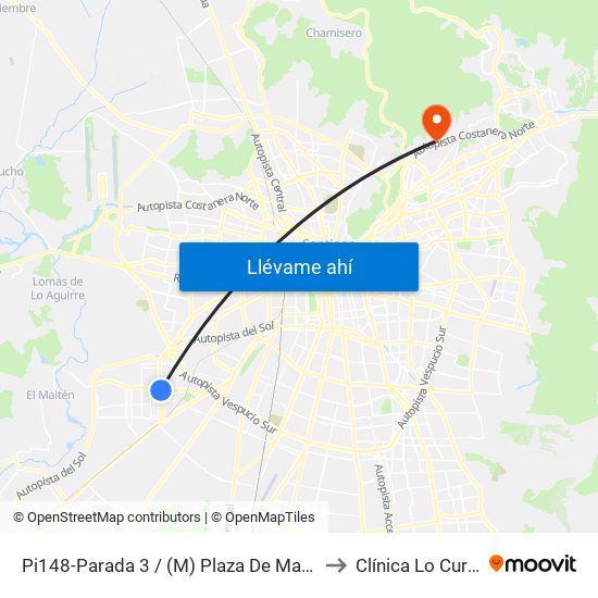Pi148-Parada 3 / (M) Plaza De Maipú to Clínica Lo Curro map