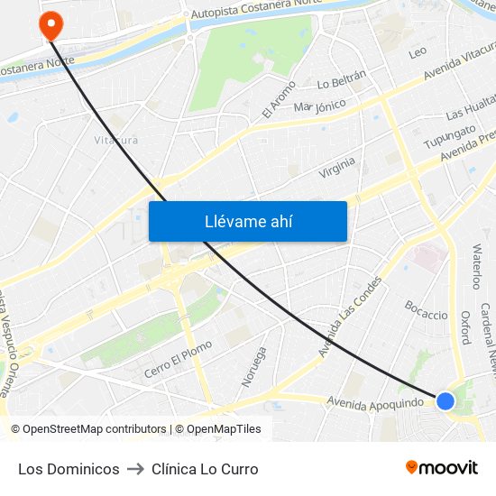 Los Dominicos to Clínica Lo Curro map