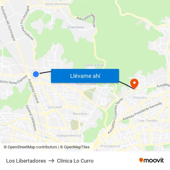 Los Libertadores to Clínica Lo Curro map