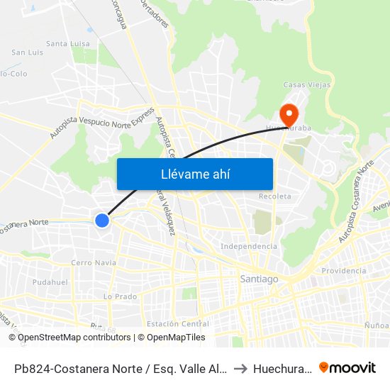 Pb824-Costanera Norte / Esq. Valle Alegre to Huechuraba map