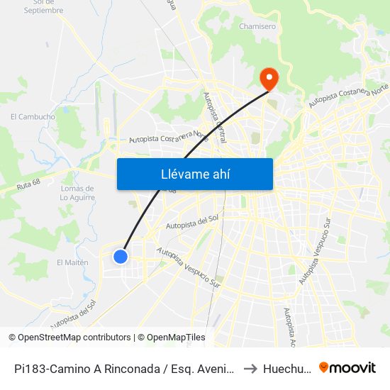 Pi183-Camino A Rinconada / Esq. Avenida 3 Poniente to Huechuraba map