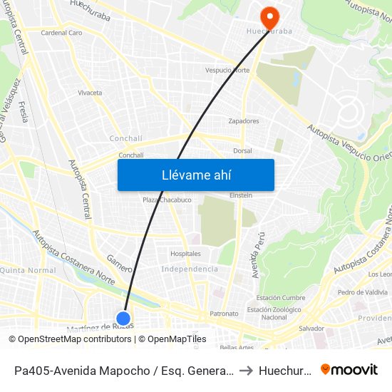 Pa405-Avenida Mapocho / Esq. General Bulnes to Huechuraba map