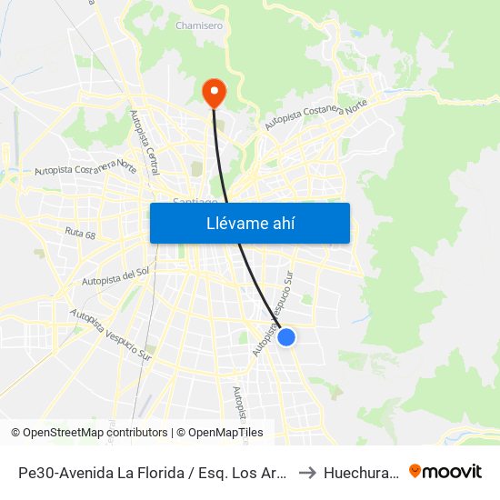 Pe30-Avenida La Florida / Esq. Los Aralios to Huechuraba map