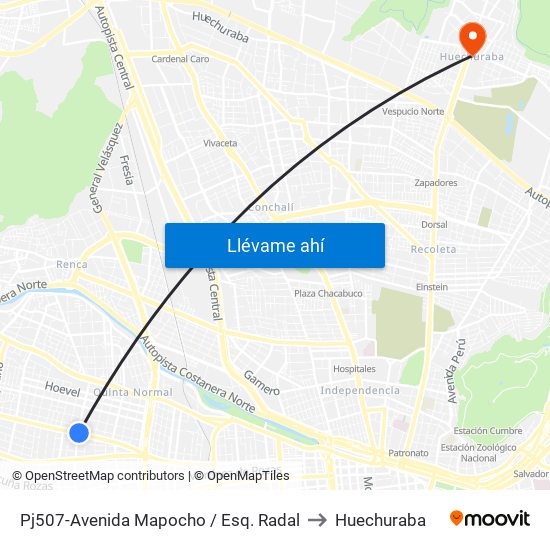 Pj507-Avenida Mapocho / Esq. Radal to Huechuraba map