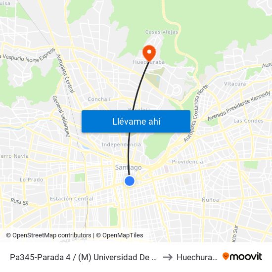 Pa345-Parada 4 / (M) Universidad De Chile to Huechuraba map