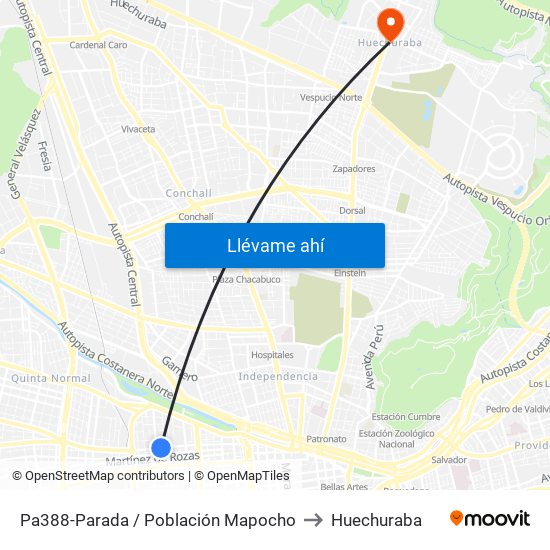 Pa388-Parada / Población Mapocho to Huechuraba map