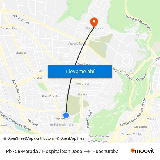 Pb758-Parada / Hospital San José to Huechuraba map