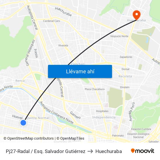 Pj27-Radal / Esq. Salvador Gutiérrez to Huechuraba map
