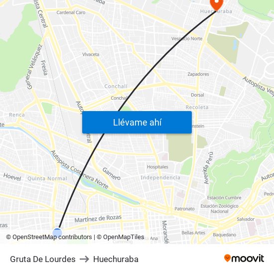 Gruta De Lourdes to Huechuraba map