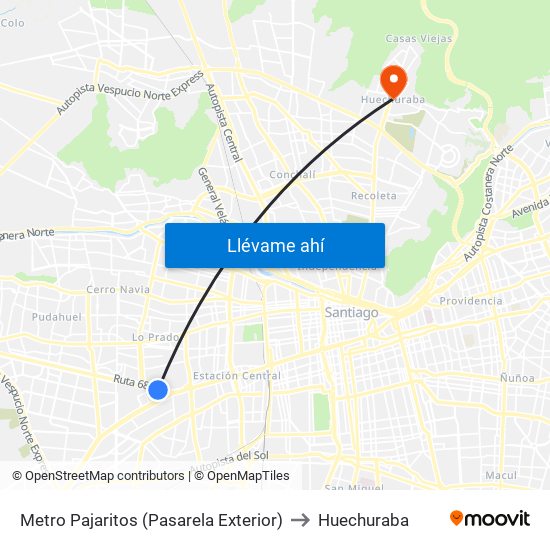 Metro Pajaritos (Pasarela Exterior) to Huechuraba map