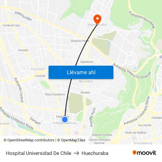 Hospital Universidad De Chile to Huechuraba map