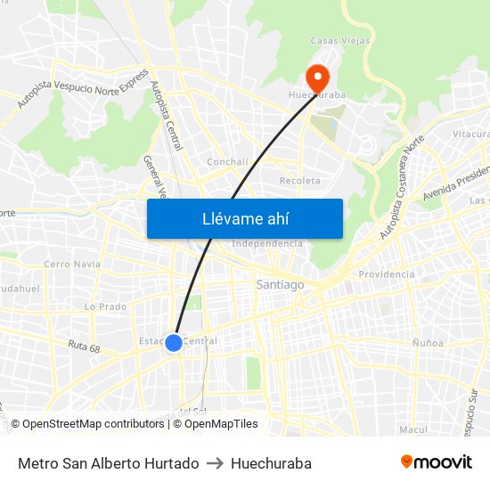 Metro San Alberto Hurtado to Huechuraba map