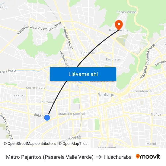 Metro Pajaritos (Pasarela Valle Verde) to Huechuraba map